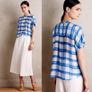 ANTHROPOLOGIE Maeve Blue White Checkered Plaid 100% Silk Top Size M